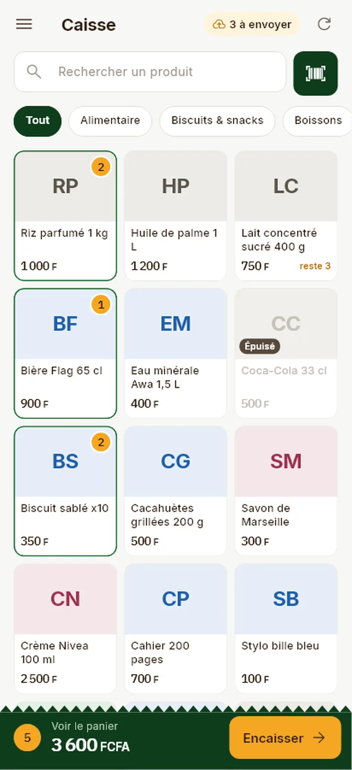 Écran Caisse de BabiCash : produits en grille avec leurs prix, panier de 5 articles pour 3 600 FCFA et bouton Encaisser