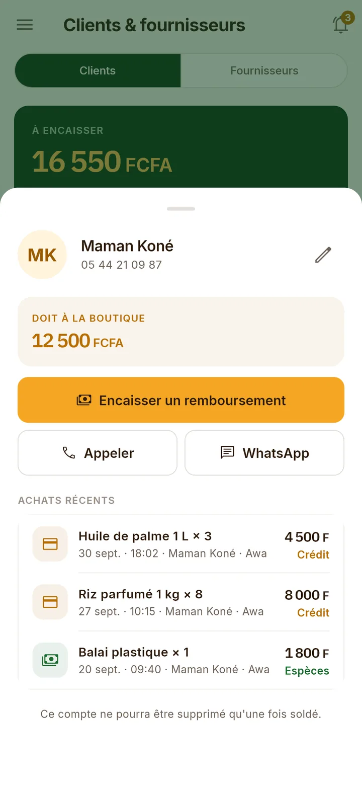 Fiche cliente de Maman Koné : 12 500 FCFA dus à la boutique, bouton Encaisser un remboursement et historique des achats