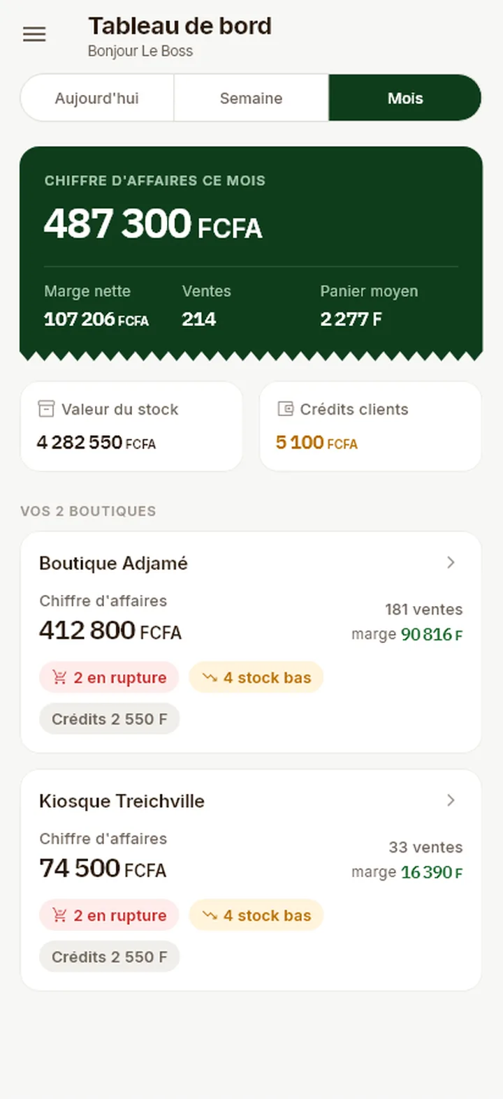 Tableau de bord du mois : 487 300 FCFA de chiffre d'affaires, marge nette, ventes, et détail des deux boutiques